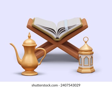 Realistic wooden stage with open Quran, golden kettle, and beautiful lantern. Placard with composition for celebration Ramadan with purple background. Vector illustration in 3d style