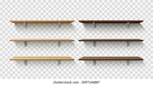 Realistic wooden store shelves. Dark and light timber library racking. 3D hanging wall exhibition stands for product presentation. Empty interior furniture. Vector blank