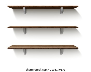 Realistic wooden store shelves. Empty showcase. Exhibition stand with shadow. Home or office furniture. Interior objects hanging on wall. Brown wood. Vector square