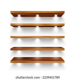 Realistic wooden store shelves with lighting, spotlights. Empty product shelf, grocery wall rack. Mall and supermarket furniture, bookshelf. Modern interior design element. Vector illustration