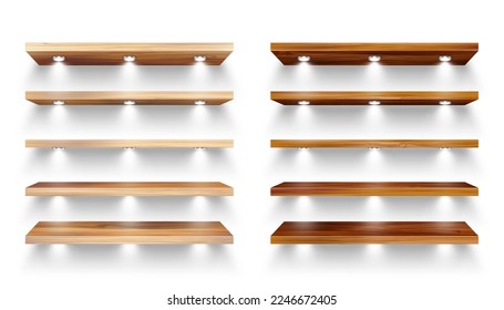 Realistic wooden store shelves with lighting, spotlights. Empty product shelf, grocery wall rack. Mall and supermarket furniture, bookshelf. Modern interior design element. Vector illustration