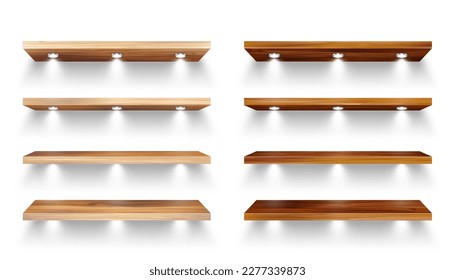 Realistic wooden store shelves with lighting, spotlights. Empty product shelf, grocery wall rack. Mall and supermarket furniture, bookshelf. Modern interior design element. Vector illustration