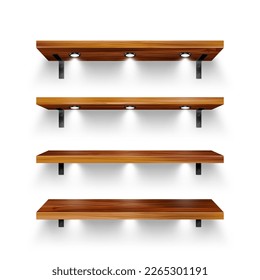 Estantes de tiendas de madera realistas con montura de pared e iluminación, focos. Estante de producto vacío, rack de pared de comestibles. Mobiliario de centro comercial y supermercado, biblioteca. Diseño interior. Ilustración del vector