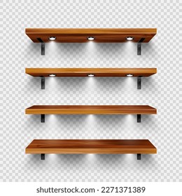 Estantes de tiendas de madera realistas con montura de pared e iluminación, focos. Estante de producto vacío, rack de pared de comestibles. Mobiliario de centro comercial y supermercado, biblioteca. Diseño interior. Ilustración del vector