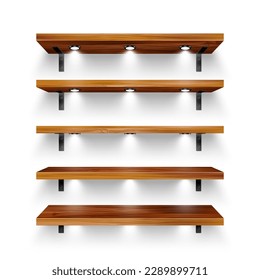 Realistic wooden store shelves with wall mount and lighting, spotlights. Empty product shelf, grocery wall rack. Mall and supermarket furniture, bookshelf. Interior design. Vector illustration
