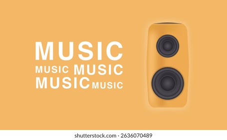 Realistic wooden subwoofer front view with music text on matching wood background