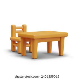 Realistic wooden table and chair in cartoon style. Concept of furniture for children in orange colors. Model for online store. Vector illustration in 3d style with shadow