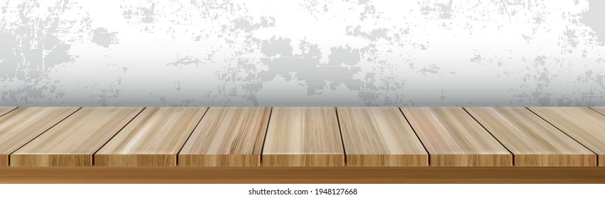 Realistic wooden table on the background of a gray old wall - Vector illustration