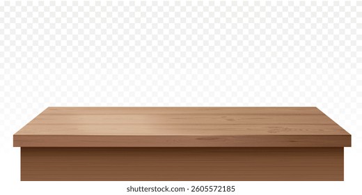 Realistic wooden table. Wood base surface, kitchen desk or office counter rustic tabletop natural board platform foreground brown flooring plank texture, exact vector illustration