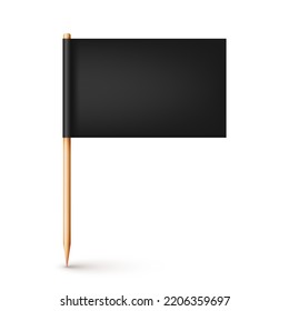 Realistic wooden toothpick with black paper flag. Location mark, map pointer. Blank mockup for advertising and promotions. Vector illustration