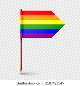 Realistic wooden toothpick with rainbow LGBTQ paper flag. Blank mockup for advertising and promotions. Pride month. Vector illustration