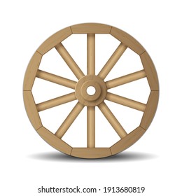 Realistic Wooden Wheel For Cart Old And Retro Isolated On White Background. 3d Cartwheel Vintage Wood For Wild Western. Vector Illustration