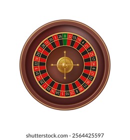 Realistic wooden wheel, isolated top view of casino roulette with numbers. Vector gambling entertainment and leisure, betting and winning or losing money. Playing games for fun and wealth