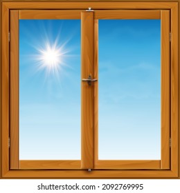 Realistic wooden window and blue sky with shining sun - vector illustration