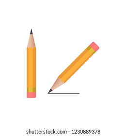 Realistic wooden writing pencil vector icon. Black graphite office pencil with rubber eraser.