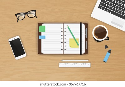 Realistic Work Desk Organization With Open Diary And Stickers For Notes On The Wooden Textured Table. Top View With Cup Of Coffee, Laptop, Smartphone And Pencil To Write Note And Remarks