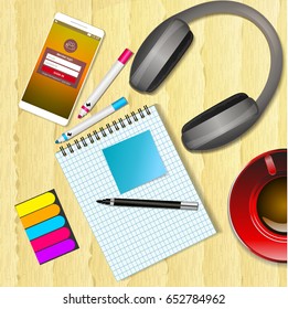 Realistic work desk organization with open diary and stickers for notes on the wooden textured table. Top view with cup of coffee, phone and pencil to write note and remarks