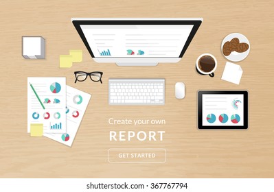 Realistic work desk organization top view with textured table with analytics process using computer, smartphone, tablet pc and report with diagram