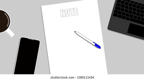 Realistic work desk organization with white paper on the gray table. Top view with cup of coffee, laptop, smartphone and pen to write note.