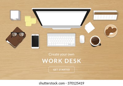 Realistic work desk organization with white screen blank. Top view with textured table, computer with keyboard, smartphone, stickers, glasses, diary and coffee mug.  