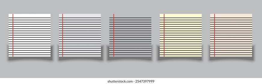 Realistic workbook paper sheets. Mockup sheets of paper torn from a notebook. Blank gridded notebook with shadow