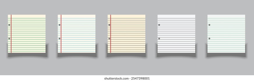 Realistic workbook paper sheets. Mockup sheets of paper torn from a notebook. Blank gridded notebook with shadow