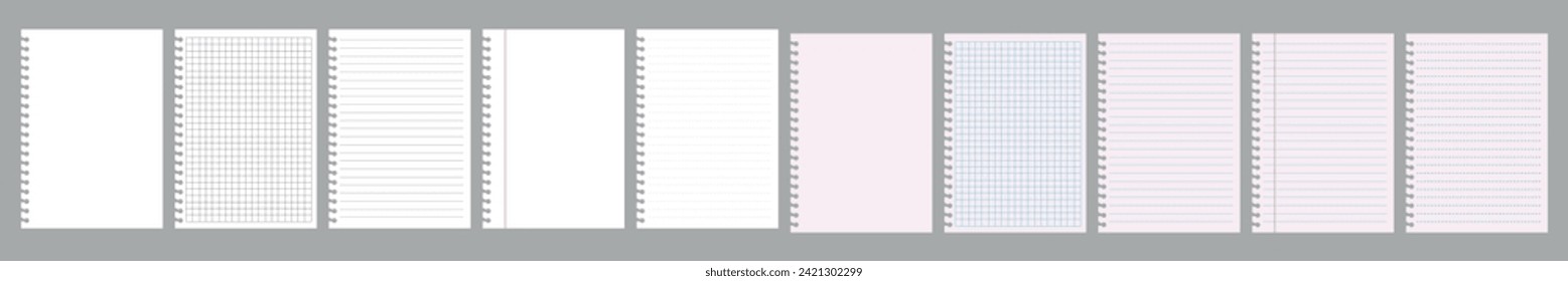 Realistic workbook paper sheets. Torn paper mockup sheets of paper. Blank gridded notebook.