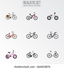 Realistic Working, Childlike, Adolescent And Other Vector Elements. Set Of Bike Realistic Symbols Also Includes Bike, Track, Equilibrium Objects.