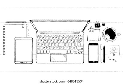 Realistic workplace desk organization, stationery elements on table. Flat sketch design, top view: smartphone, computer, diary, coffee. Hand drawn vector illustration