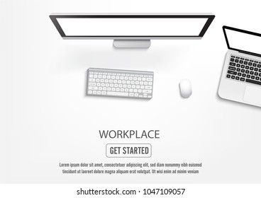 Realistic workplace desktop. Top view desk table, personal computer and laptop with keyboard.