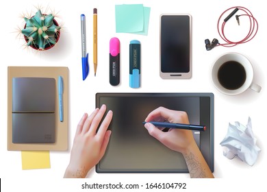 Realistic workplace. Desktop top view. Office supplies, pens, pencils, notebooks, graphic tablet, writing hands. Vector illustration