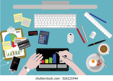 Realistic workplace organization and busy lifestyle. Top view with textured table, computer, smartphone, graphic tablet, stickers, stationary, calculator, cards, diary, breakfast and coffee