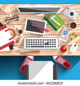 Realistic workplace organization. Workplace concept. Flat design. Desktop vector illustration. Back to school.