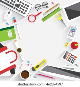 Realistic workplace organization. Workplace concept. Flat design. Desktop vector illustration. Back to school.
