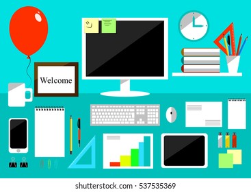 Realistic workplace organization. Top and side view with table, computer and smartphone, stickers, diary and coffee mug. Desktop vector illustration.