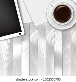 Realistic workplace organization. Top view with textured table, tablet, papers, glass, and coffee mug. Work desk for office with stationery elements on the table. EPS-10.