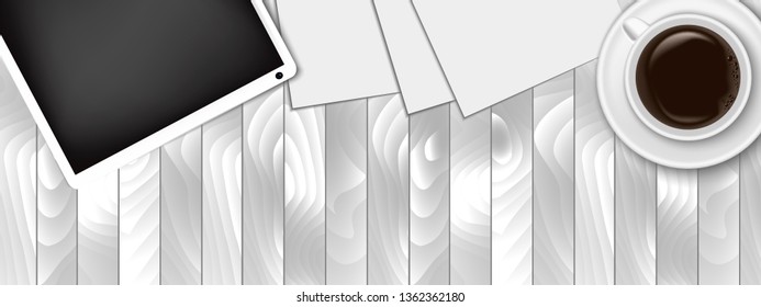 Realistic workplace organization. Top view with textured table, tablet, papers, glass, and coffee mug. Work desk for office with stationery elements on the table. EPS-10.