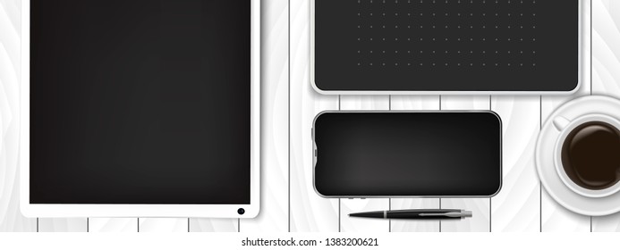 Realistic workplace organization. Top view with white table, graphic tablet, tablet, phone and pen. Work desk for office with stationery elements on the table. EPS-10.