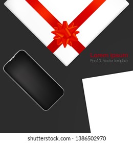 Realistic workplace organization. Top view with white background, phone, tag and gift box. Work desk for office with stationery elements on the table. EPS10. Vector illustration.