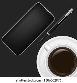 Realistic workplace organization. Top view with black table, pen, coffee mug and phone. Work desk for office with stationery elements on the table. EPS10. Vector illustration.