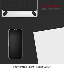 Realistic workplace organization. Top view with black table, graphic tablet, papers and phone. Work desk for office with stationery elements on the table. EPS10. Vector illustration.