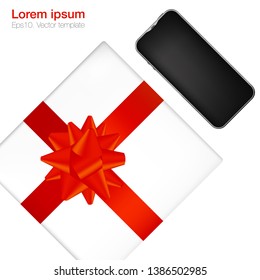 Realistic workplace organization. Top view with white background, phone and gift box. Work desk for office with stationery elements on the table. EPS10. Vector illustration.