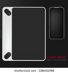 Realistic workplace organization. Top view with black table, graphic tablet and phone. Work desk for office with stationery elements on the table. EPS10. Vector illustration.
