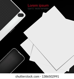 Realistic workplace organization. Top view with black table, graphic tablet, papers and phone. Work desk for office with stationery elements on the table. EPS10. Vector illustration.