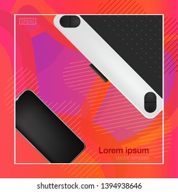 Realistic workplace organization. Top view with graphic tablet and phone. Work desk for office with stationery elements on the table. EPS10. Vector illustration.
