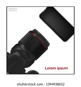 Realistic workplace organization. Top view with DSLR professional camera and phone. Work desk for office with stationery elements on the table. EPS10. Vector illustration.
