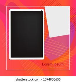 Realistic workplace organization. Top view with tablet and paper. Work desk for office with stationery elements on the table. EPS10. Vector illustration.