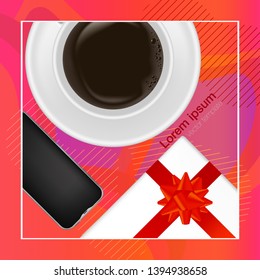 Realistic workplace organization. Top view with mug of coffee, gift box and phone. Work desk for office with stationery elements on the table. EPS10. Vector illustration.