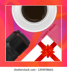 Realistic workplace organization. Top view with DSLR professional camera, mug of coffee and gift box. Work desk for office with stationery elements on the table. EPS10. Vector illustration.