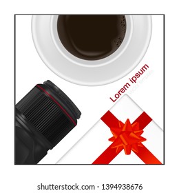 Realistic workplace organization. Top view with DSLR professional camera, mug of coffee and gift. Work desk for office with stationery elements on the table. EPS10. Vector illustration.